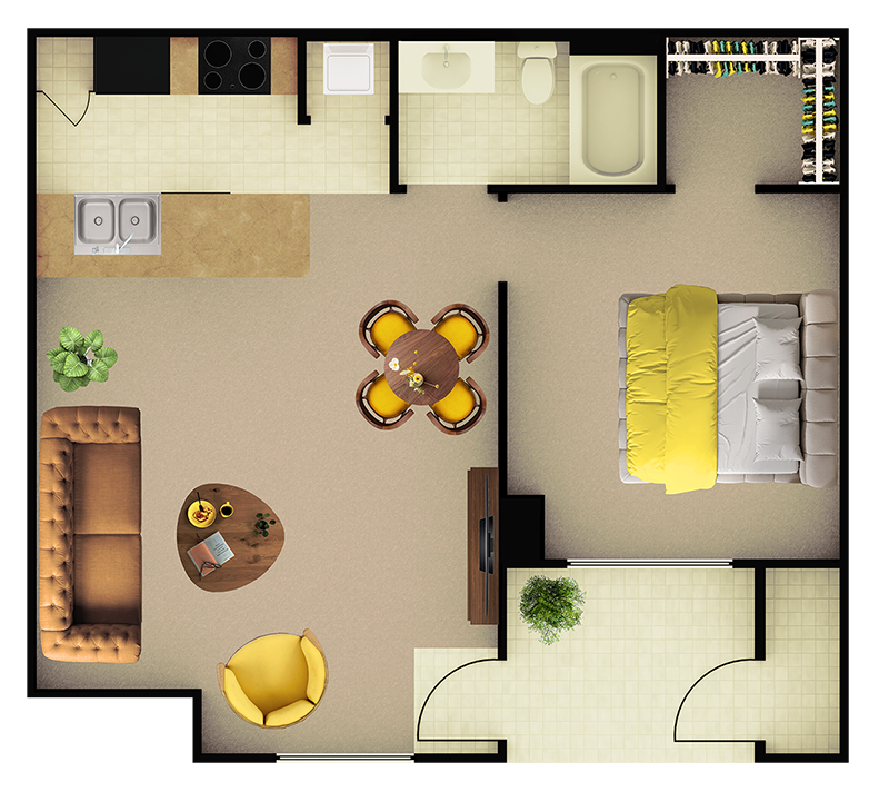 Floor plan for 1 bed, 1 bath, 769 sqft